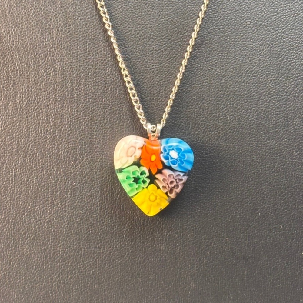Murano Glass Heart Necklace Multicolor Millefiori Floral Boho Chic Statement